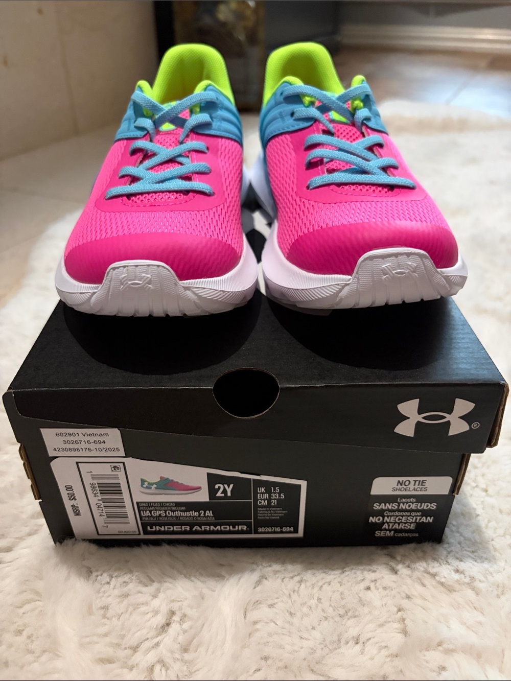 Under Armour Kids Pink, Blue & Neon Green No-Tie Sneakers